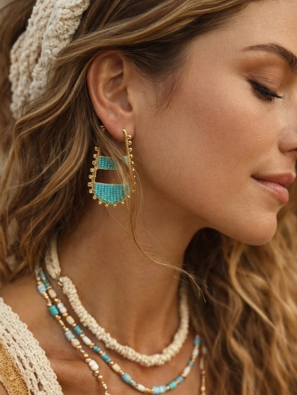 Aqua Turquoise Seed Bead Statement Hoop Earrings Boho Artisan Gold Woven 2